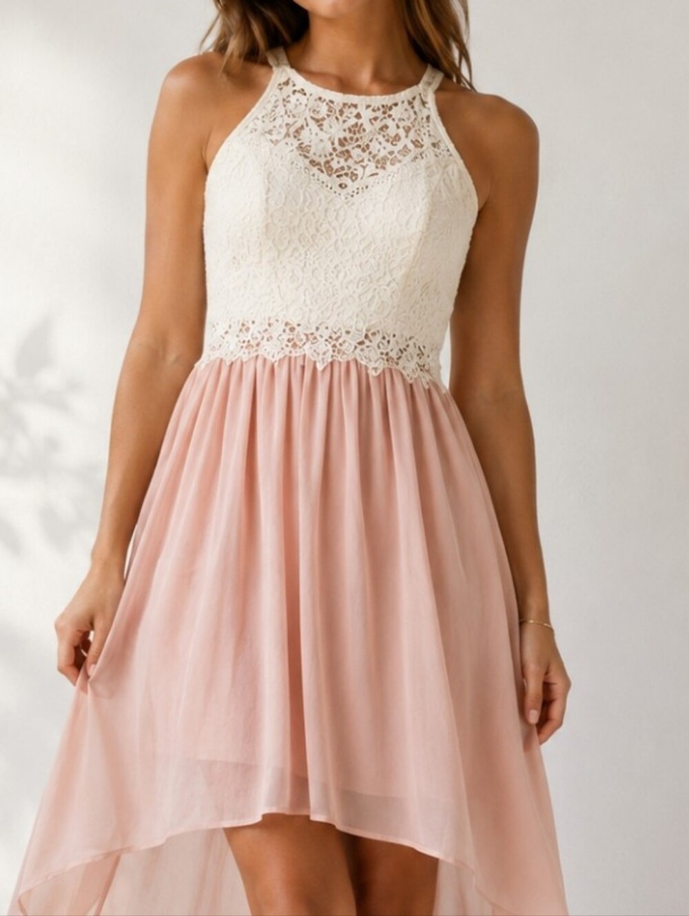 Fairycore Romantic Blush Pink High-Low Dress with White Cream Lace Bodice